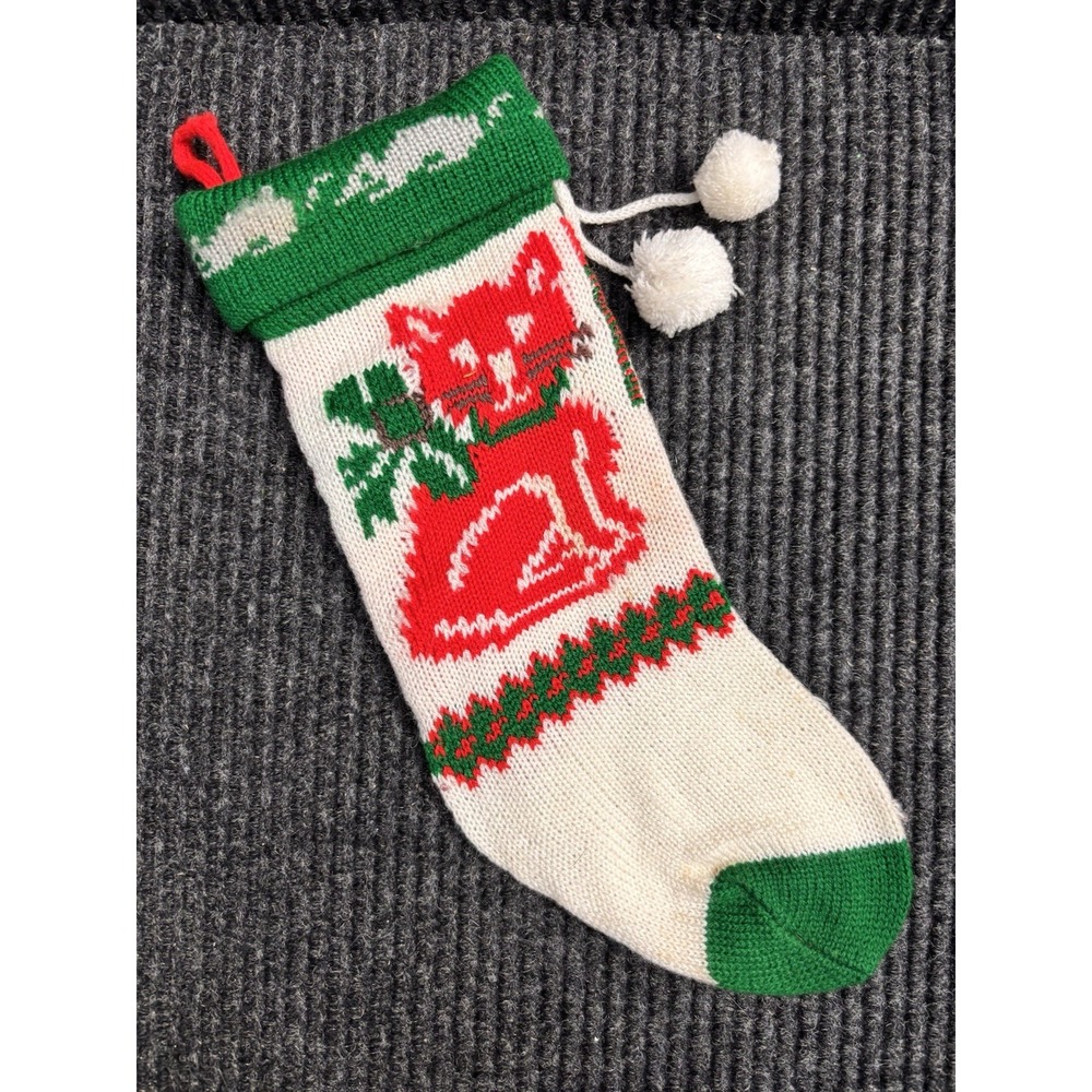 Vintage Knit Christmas Stocking Red Cat Kitten Pom Poms Retro Holiday
